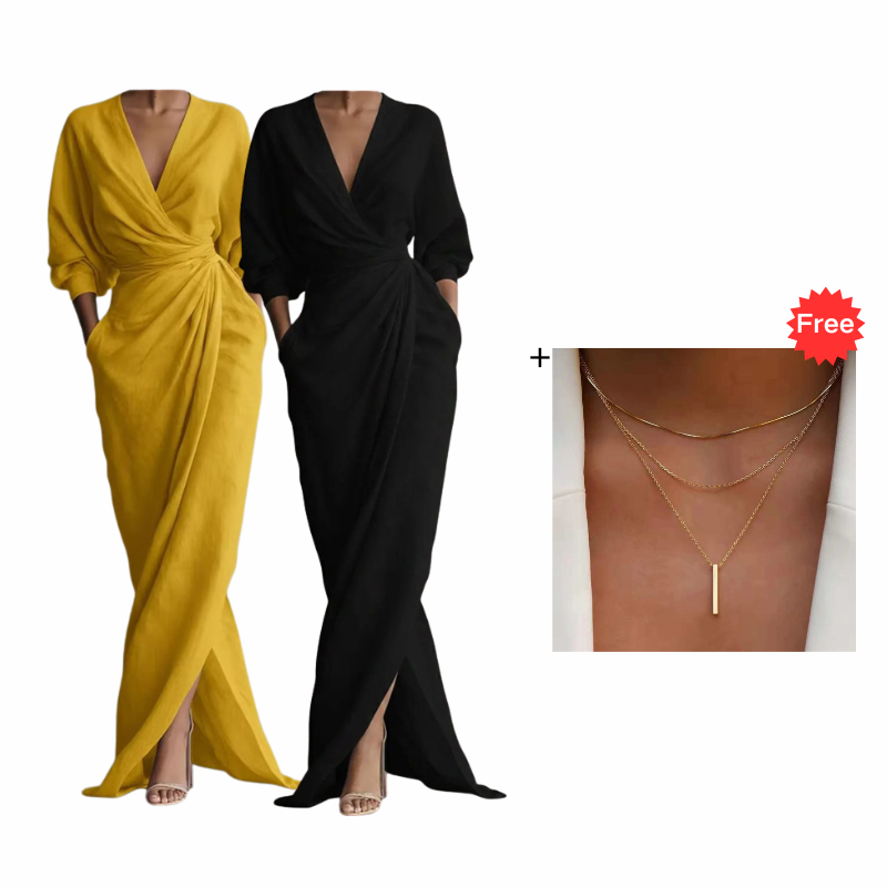 ⌛Befristetes 52 % Angebot – Elegantes V-Ausschnitt Wickel-Maxikleid für Damen👗✨