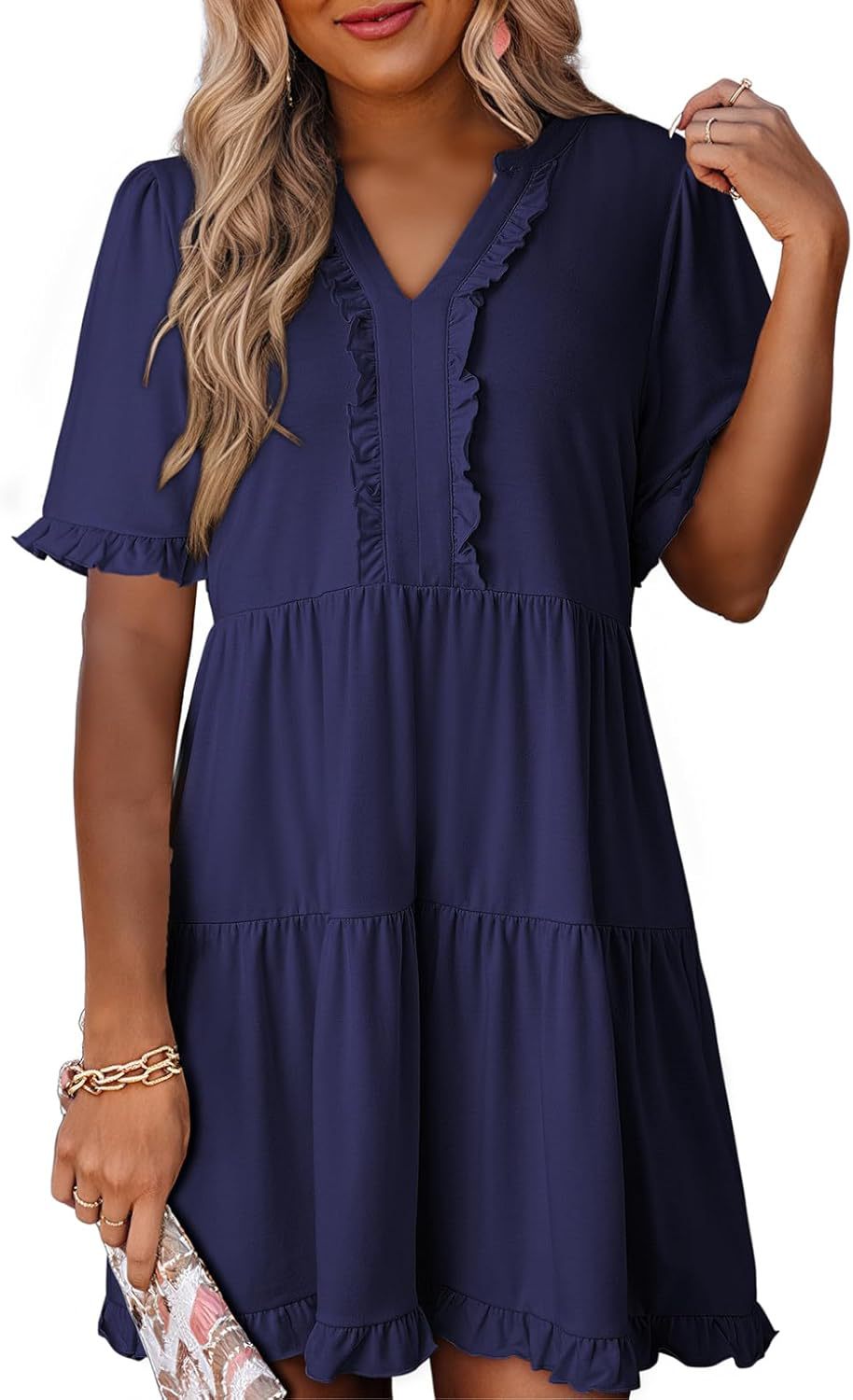 🔥🔥Sommer-Mega-Sale 2026 49% RABATT🌈Damen V-Ausschnitt Rüschen Casual A-Linie Fließendes Swing Shift Kleid