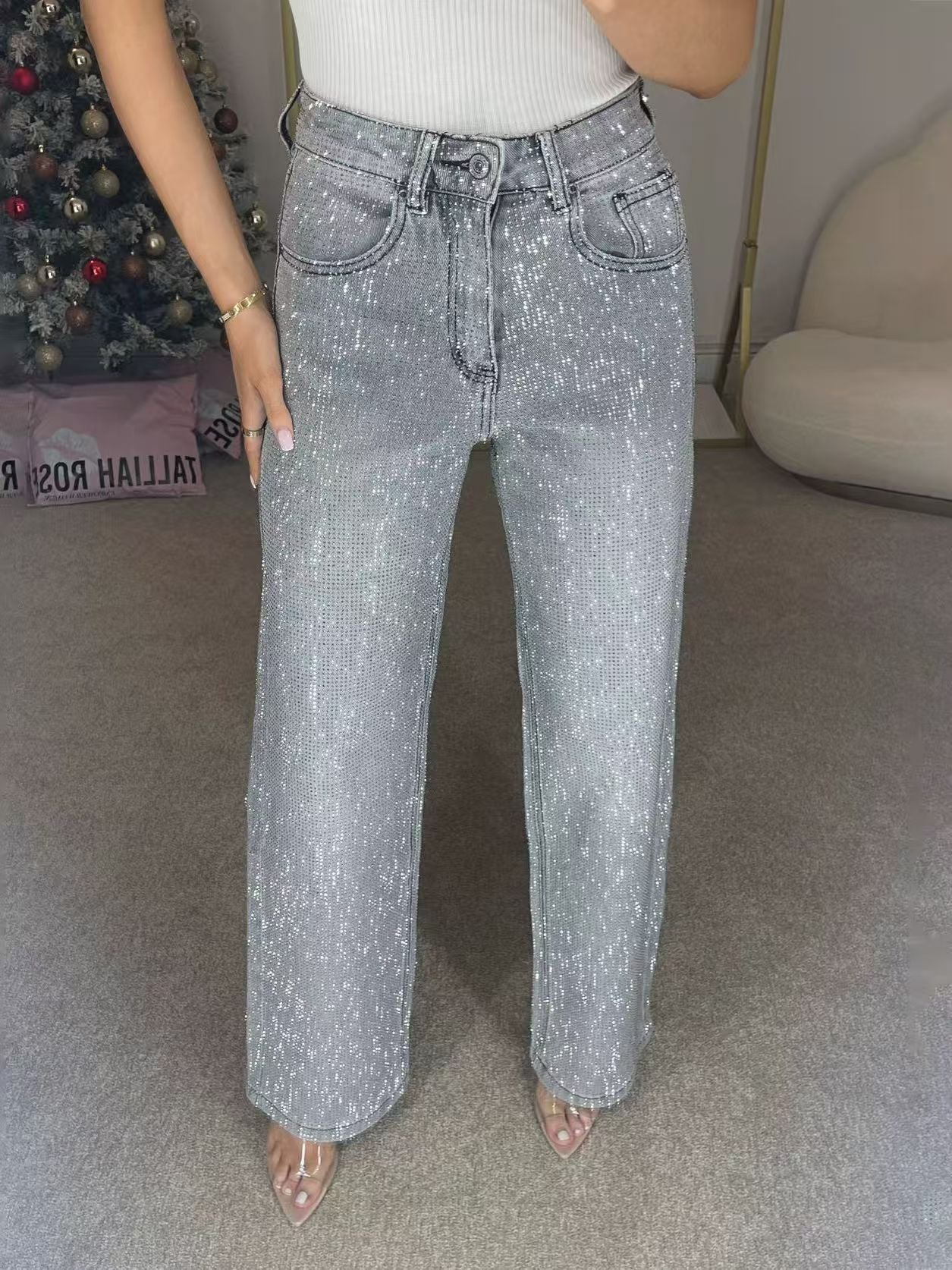 🔥Straight leg jeans with rhinestones✨Become the shining protagonist!✨