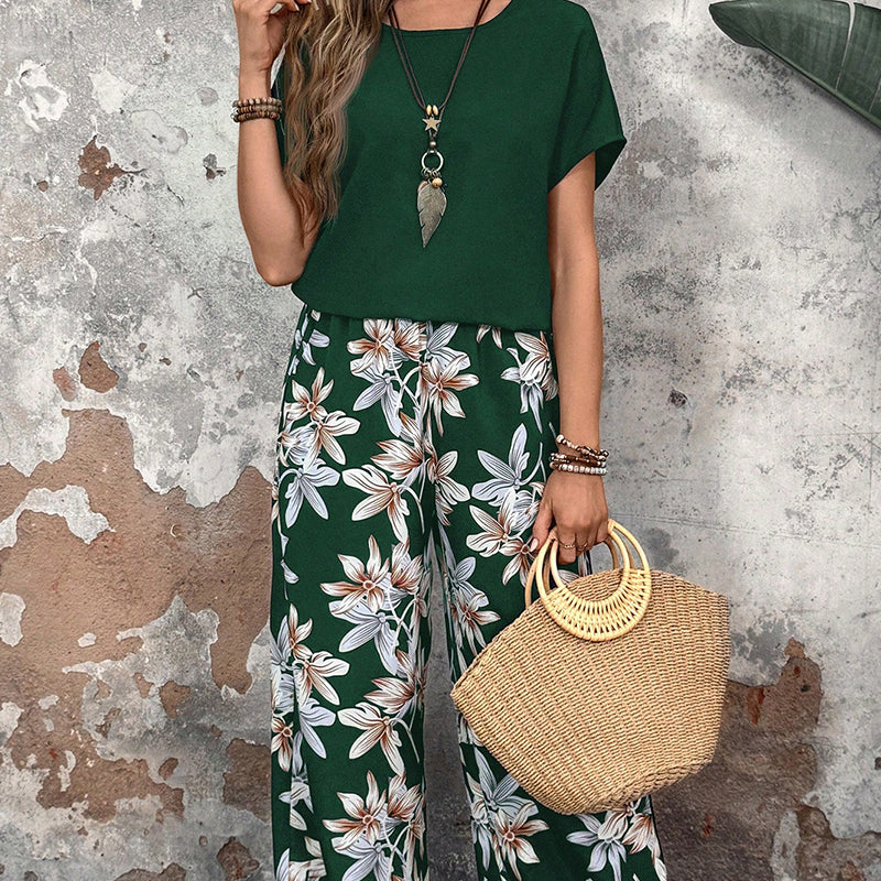 🏆HEISSER VERKAUF 50% RABATT🔥Damen Freizeit-Set mit Blumenmuster, weitem Bein und Kurzarm-Oberteil