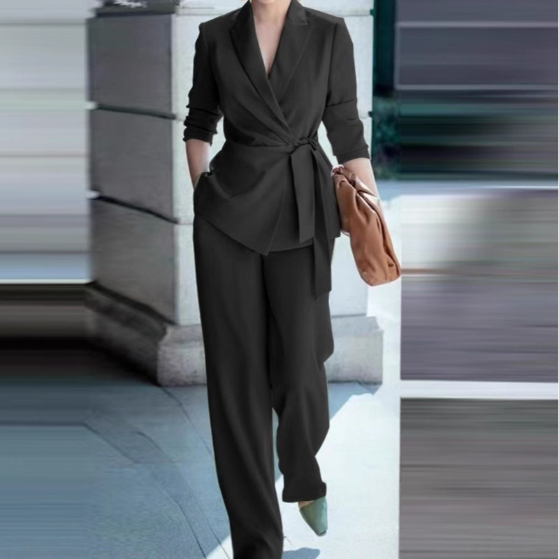 ⏳Limited-time 50% Off⏰Women's Elegant Tie-Waist Blazer & Wide-Leg Pants Suit Set👔👖