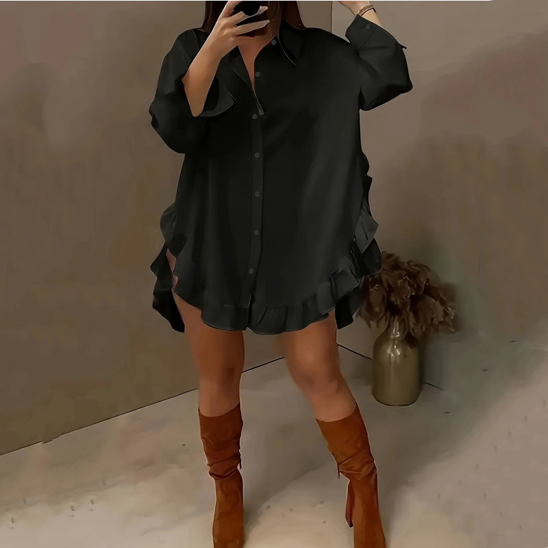 🔥Heiße Deals – Oversized-Hemdblusenkleid für Damen mit Rüschensaum✨ Sommerliche Leichtigkeit🌞