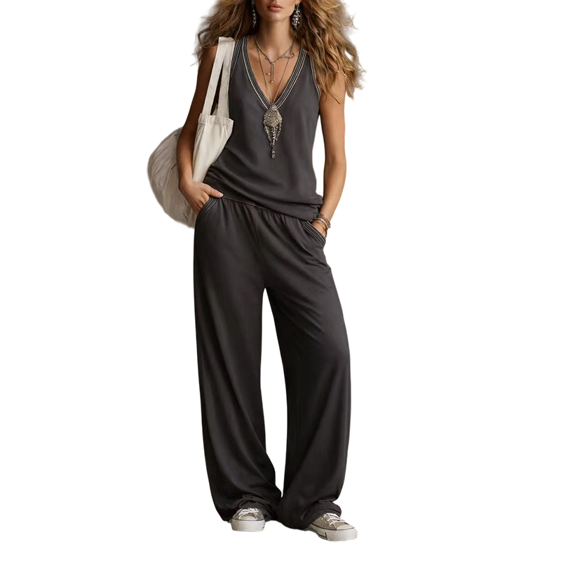 💃🌸Women's V-Neck Sleeveless Top & Wide-Leg Pants Set - Your New Favourite Everyday Outfit✨