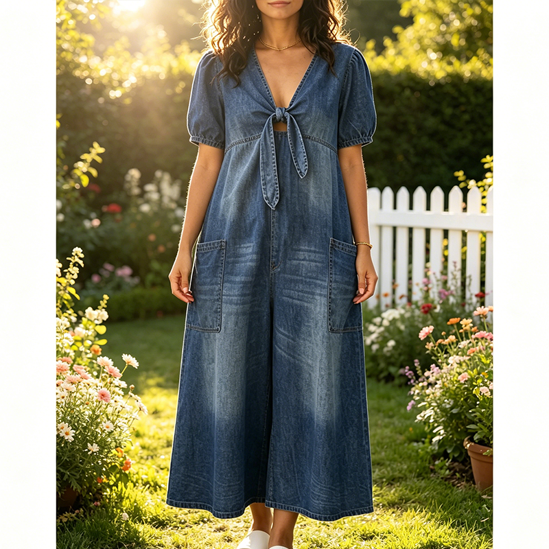 ☀️Effortless Summer Chic – Loose Fit V Neck Tie Front Wide Leg Romper for Women🌴
