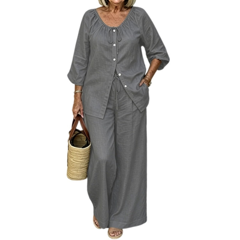 👗Women’s Button-Down Drawstring Top & Wide-Leg Trouser Set – Effortless Everyday Chic✨