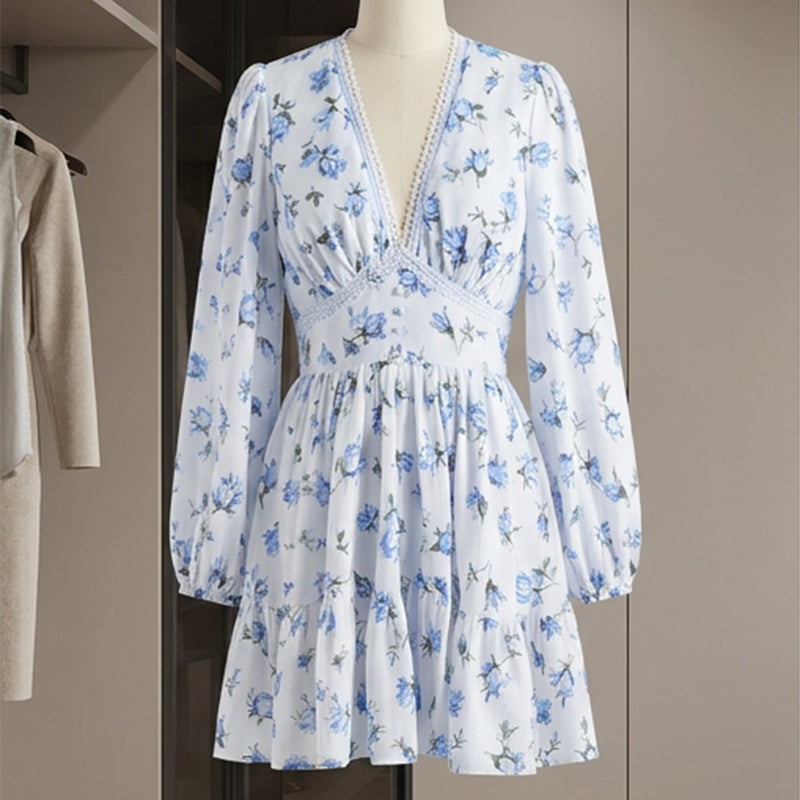 👗 Blumen-Mini-Kleid für Damen mit V-Ausschnitt – Sommerkleid mit Spitzentaille 🌸