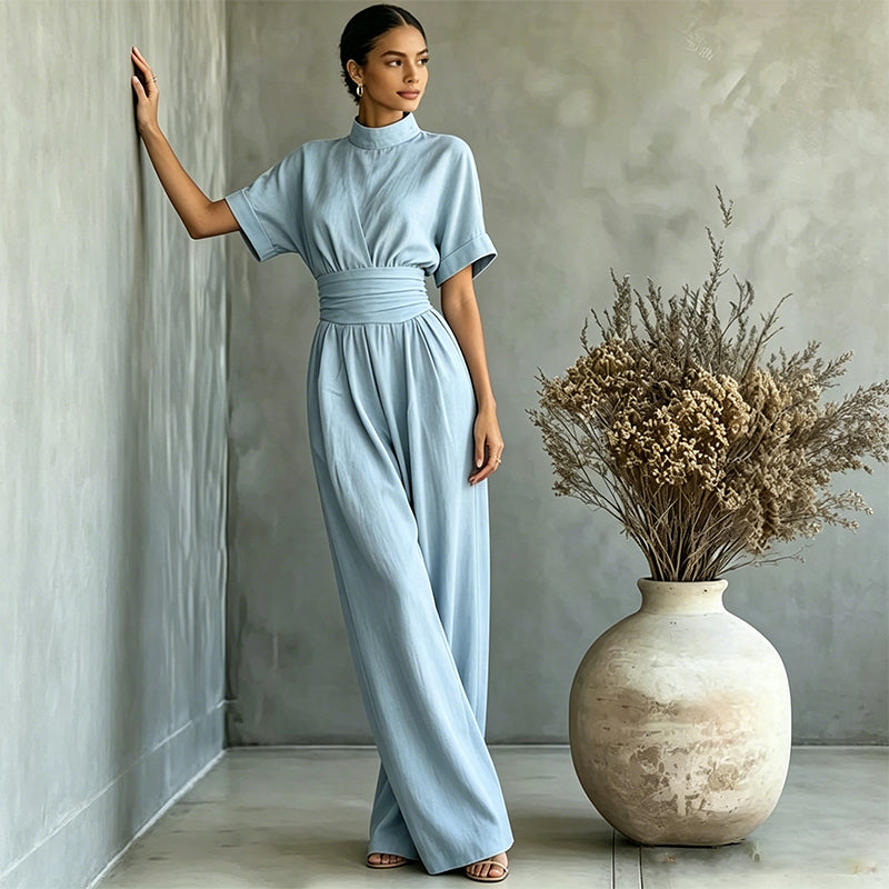 👗 Damen Kurzarm Rollkragen Overall mit weitem Bein – Elegantes All-in-One Outfit ✨