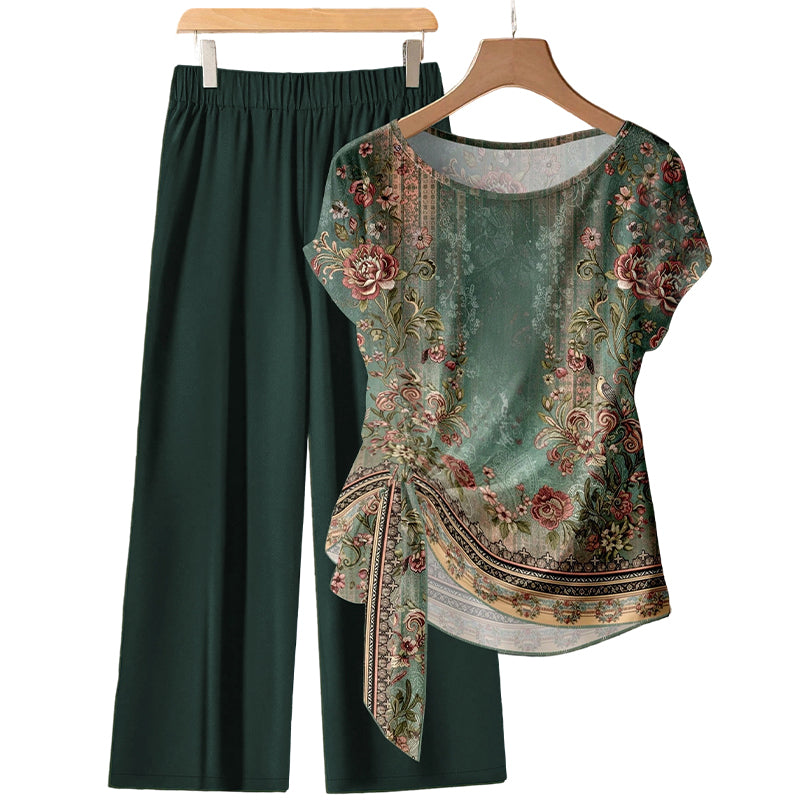 💫Stylish Printed Lounge Set– Knot Front Top & Wide-Leg Trousers✨