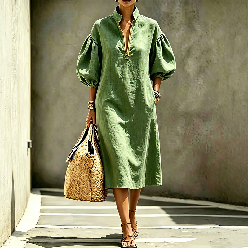 👗✨Women's Half-Zipper Stand Collar Puff Sleeve Dress – Stand Collar Elegant Look 🔥