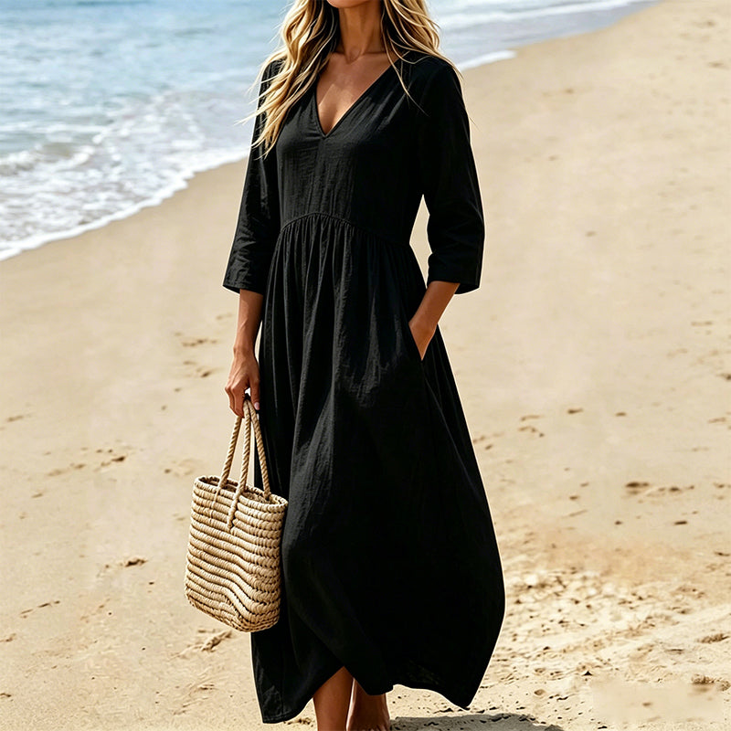 👗Women's V-Neck 3/4 Sleeve Maxi Dress – Elegant Flowy Long Dress ✨