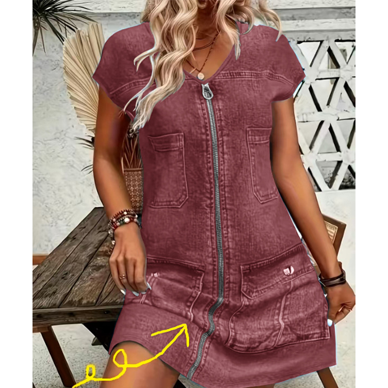 👗Damen Freizeit Kurzarm Reißverschlusskleid – Alltags Kleid mit Taschen-Detail ✨