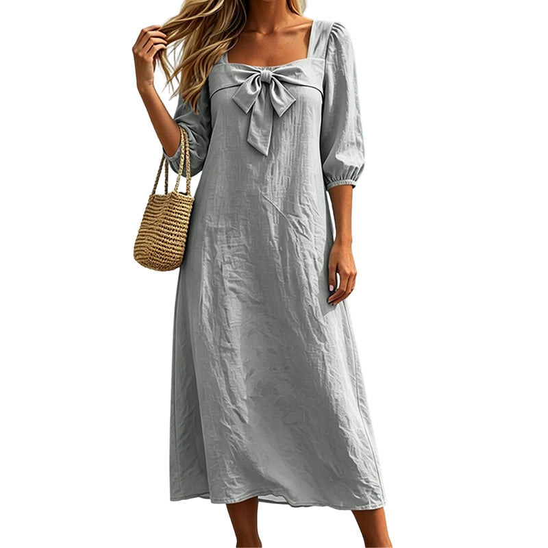 💙Casual Solid Color Midi Dress With Elegant Bowknot And Square Neck – Flattering Fit, Soft Fabric & Effortless Elegance ✨