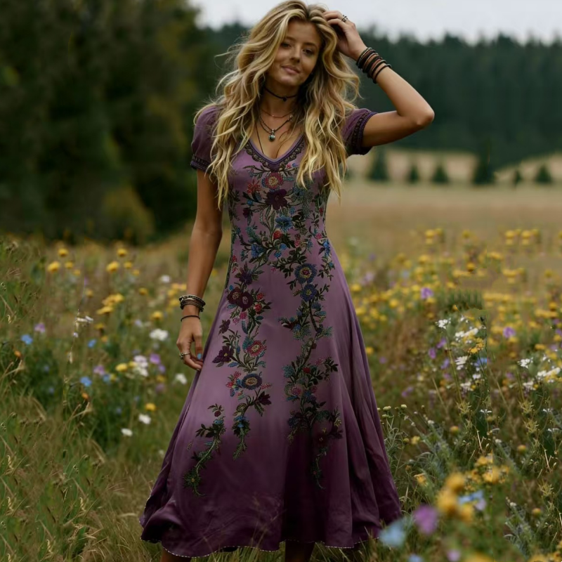 🌸✨Women's Vintage V-Neck Floral Maxi Dress – Flowy, Comfortable & Beautifully Feminine☀️