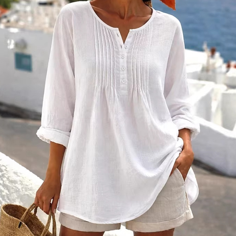 🔥👚2026 Sommer-Hot-Sale⚡️Damen Langarm Plissierte Henley-Hals Bluse✨Weich Atmungsaktiv Elegant Lässiges Plissiertes Oberteil Tägliches Pendler-Outfit💐