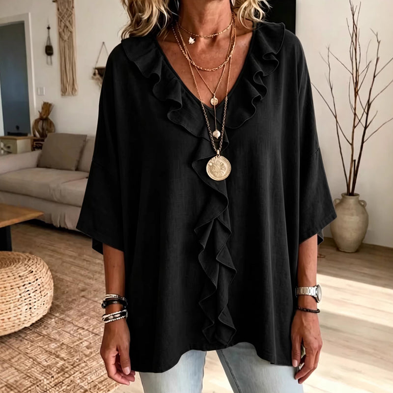 Trending Now⭐💫 Flowy V-Neck Top with Ruffle Accent – Versatile Solid Color That Pairs with Everything