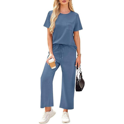 🌸Summer Hot Sale 50% OFF💖Women's Casual Short Sleeve Wide Leg Crop Pants Lounge Set