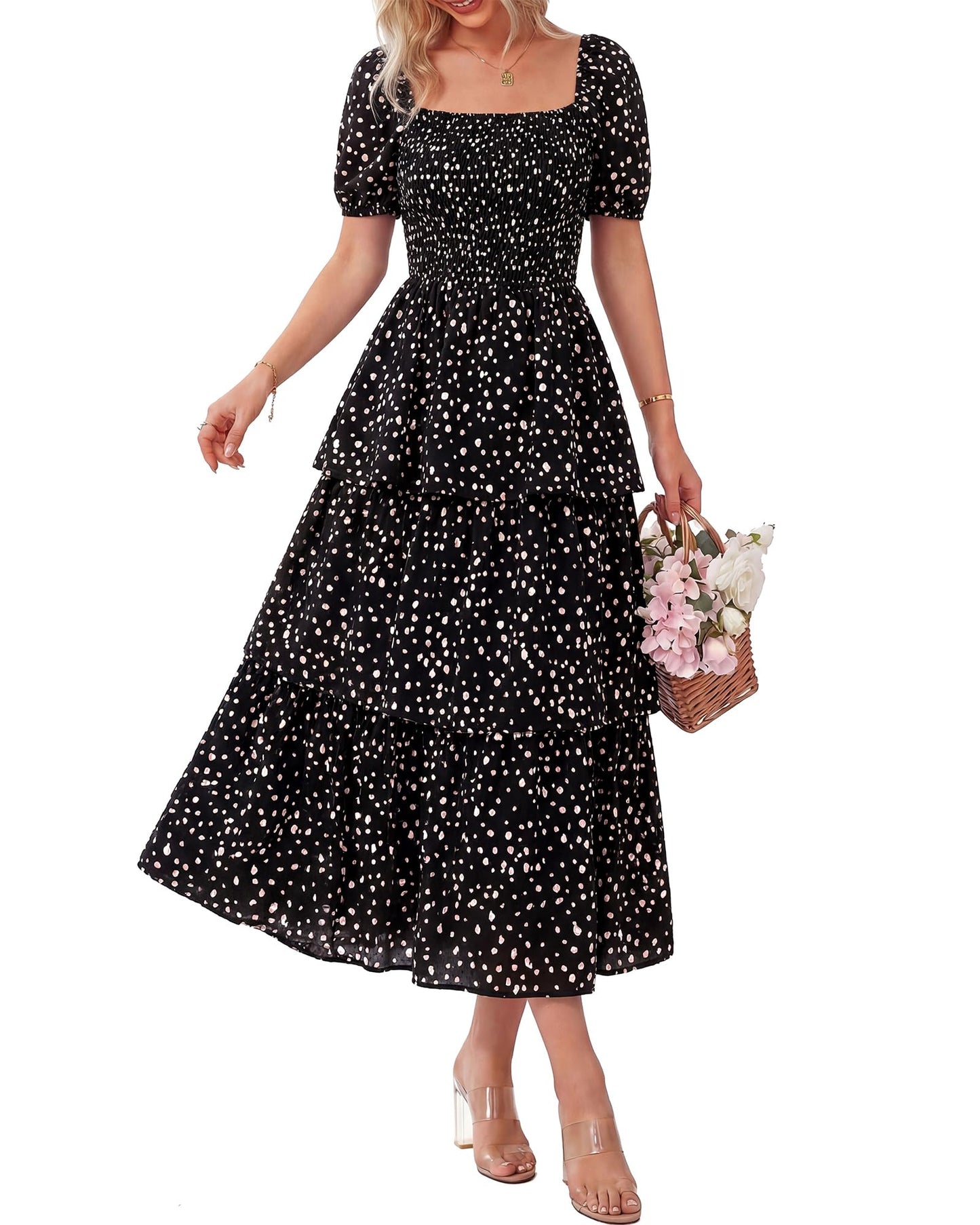 ⏰Sommer-Hot-Sale 50% RABATT💃Damenkleid mit Blumenmuster, eckigem Ausschnitt, Puffärmeln und gerafften Stufen