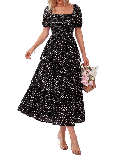 ⏰Sommer-Hot-Sale 50% RABATT💃Damenkleid mit Blumenmuster, eckigem Ausschnitt, Puffärmeln und gerafften Stufen