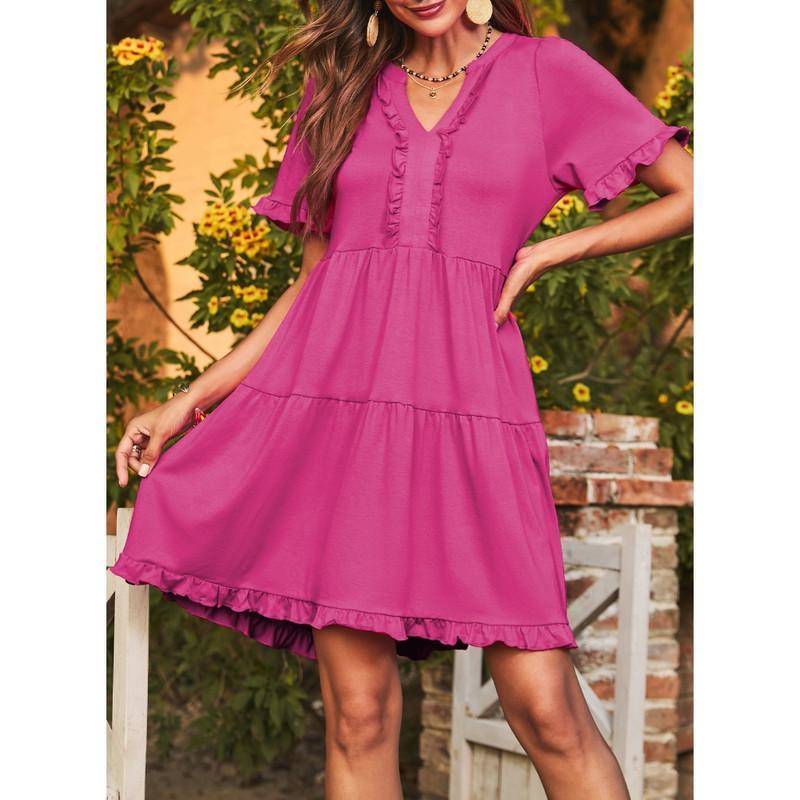 🔥🔥2026 Summer Hot Sale 49% OFF🌈Women's V Neck Ruffle Casual A-Line Flowy Swing Shift Dress