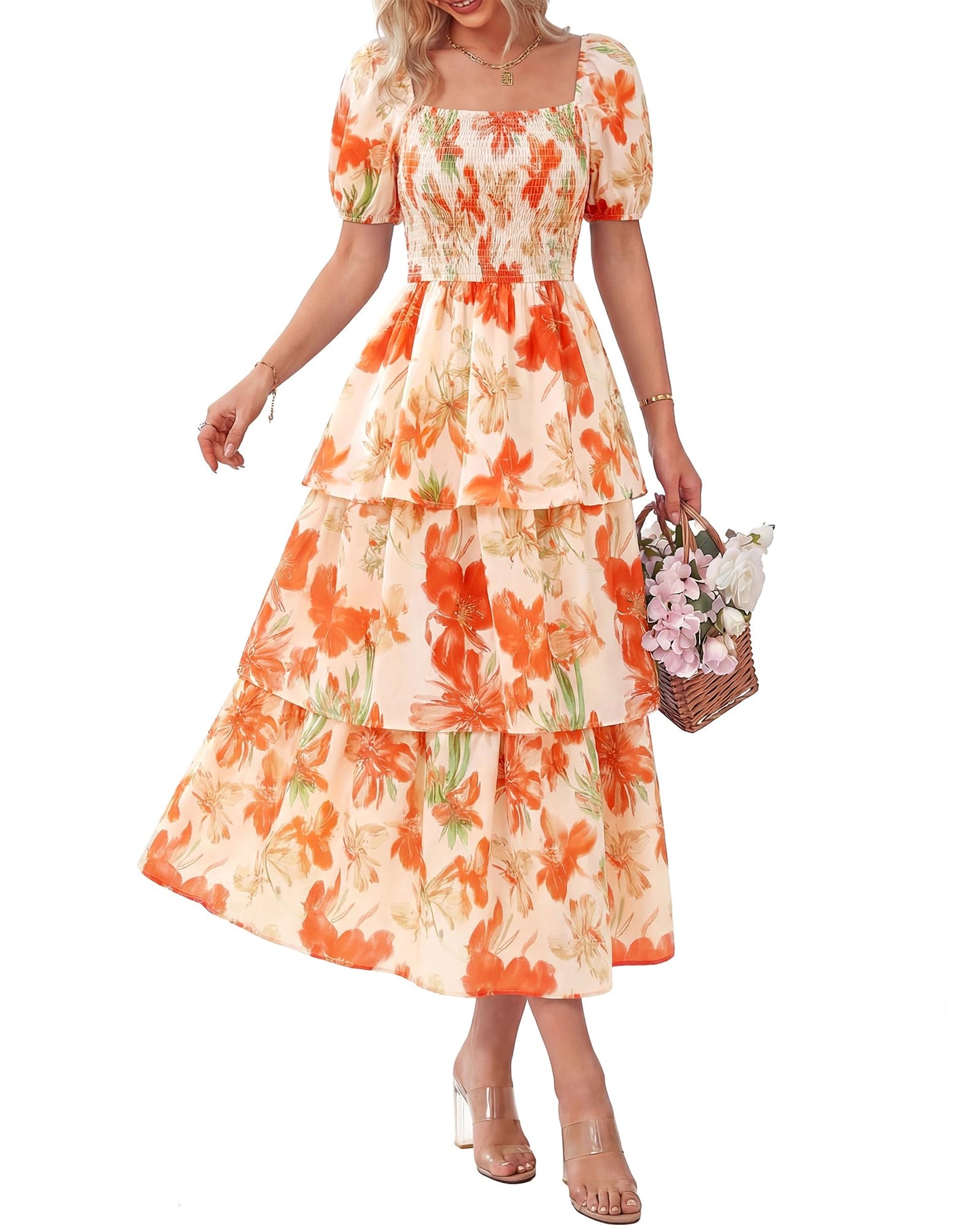 ⏰Sommer-Hot-Sale 50% RABATT💃Damenkleid mit Blumenmuster, eckigem Ausschnitt, Puffärmeln und gerafften Stufen
