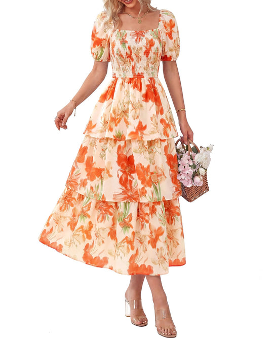 ⏰Summer Hot Sale 50% OFF💃Women's Floral Square Neck Puff Short Sleeve Smocked Tiered Dress