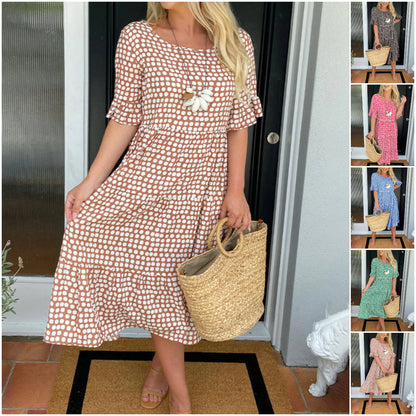 🔥Mega Sale 50% RABATT!!💕Damen Polka Dot Midikleid | Elegantes Rundhals & Atmungsaktives Sommer A-Linien Kleid | Schickes Freizeit Mary Kleid für Strand & Stadtbummel
