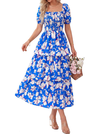 ⏰Sommer-Hot-Sale 50% RABATT💃Damenkleid mit Blumenmuster, eckigem Ausschnitt, Puffärmeln und gerafften Stufen