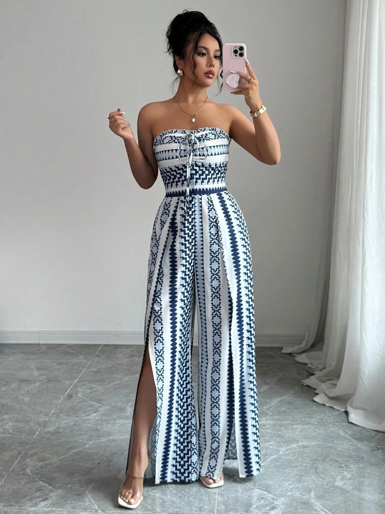 👗 JETZT 50% RABATT!💥Geometrischer Jumpsuit mit Neckholder & Seitenschlitz – Einzigartiger Print & Elastischer Rücken – Vielseitig, perfekt für Sommerpartys oder als Resort Wear ✨