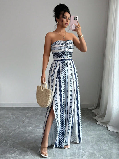 👗 JETZT 50% RABATT!💥Geometrischer Jumpsuit mit Neckholder & Seitenschlitz – Einzigartiger Print & Elastischer Rücken – Vielseitig, perfekt für Sommerpartys oder als Resort Wear ✨