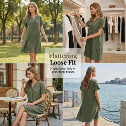 🏖️50% RABATT!👗Damen V-Ausschnitt Tunikakleid – lockere Passform, Taschen & atmungsaktiv