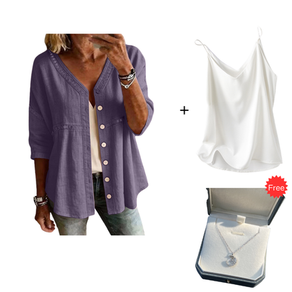 👚Women's V-Neck Lace Trim Button-Down Blouse– Elegant Everyday Top✨