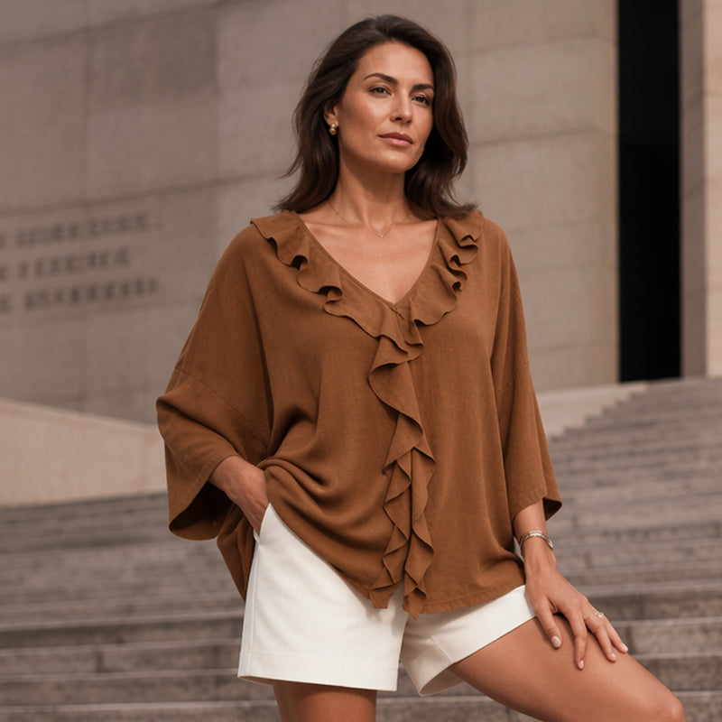 Trending Now⭐💫 Flowy V-Neck Top with Ruffle Accent – Versatile Solid Color That Pairs with Everything