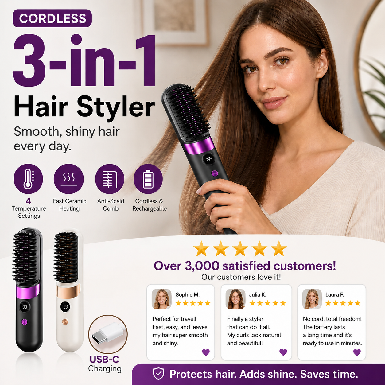 💇‍♀️🔥 3-in-1 Kabellose Haarglättbürste – Glätten, Locken & Entwirren – USB-C wiederaufladbar mit 4 Heizstufen – Perfekte Haare überall! ✨