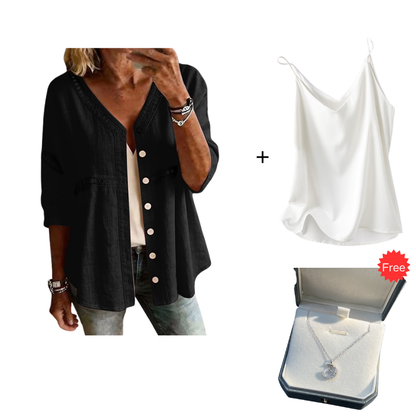👚Women's V-Neck Lace Trim Button-Down Blouse– Elegant Everyday Top✨