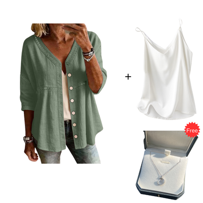 👚Women's V-Neck Lace Trim Button-Down Blouse– Elegant Everyday Top✨