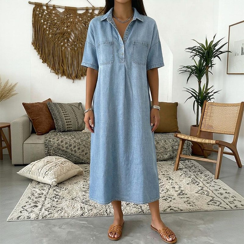 👗 60% OFF NOW! 👖 Casual Pocket Denim Midi Shirt Dress – Soft denim & relaxed fit – Functional pockets, perfect for everyday casual – comfortable and versatile ✨🌸