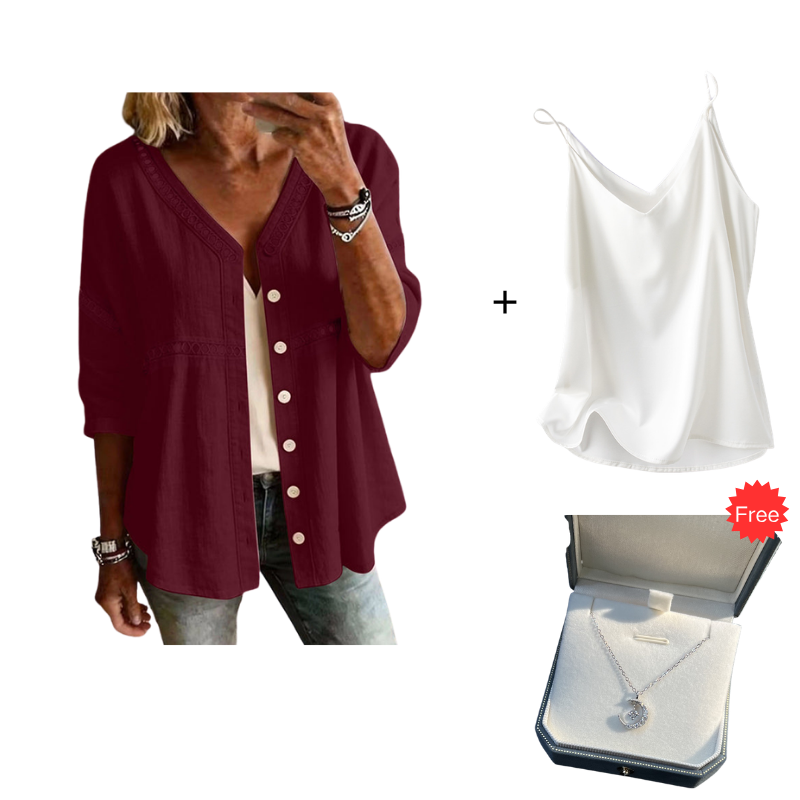 👚Women's V-Neck Lace Trim Button-Down Blouse– Elegant Everyday Top✨