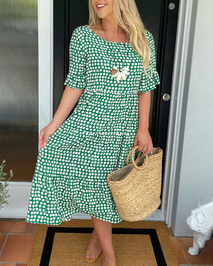 🔥Mega Sale 50% RABATT!!💕Damen Polka Dot Midikleid | Elegantes Rundhals & Atmungsaktives Sommer A-Linien Kleid | Schickes Freizeit Mary Kleid für Strand & Stadtbummel