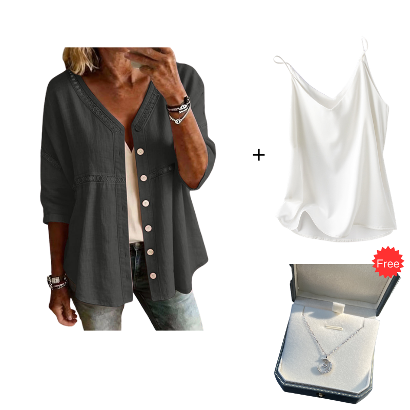 👚Women's V-Neck Lace Trim Button-Down Blouse– Elegant Everyday Top✨