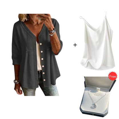 👚Women's V-Neck Lace Trim Button-Down Blouse– Elegant Everyday Top✨