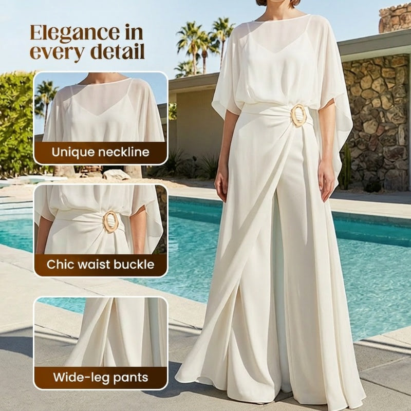 🥳2026 HOT SALE🥳💞50K+ SOLD!💥👵🌸 50% OFF! Flowing Cape Sleeve Top & Wrap Pants Set – Elegant Cape Sleeves, Flattering Wrap Front. Wide-leg Pants Elongate. Effortless Sophistication. 🕊️✨