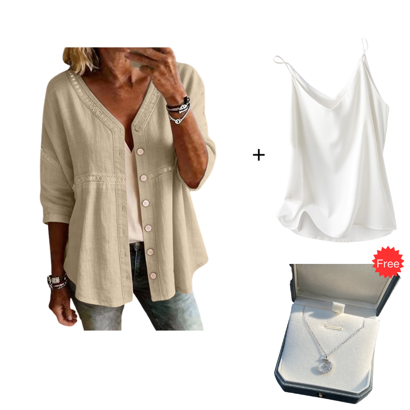 👚Women's V-Neck Lace Trim Button-Down Blouse– Elegant Everyday Top✨