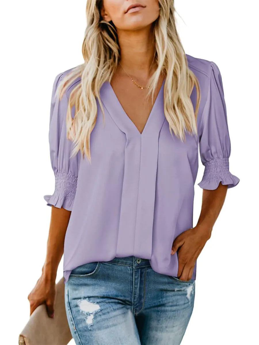 💥🌟 Elevate Your Style With Women's Elegant V-Neck Puff Sleeve Blouse✨
