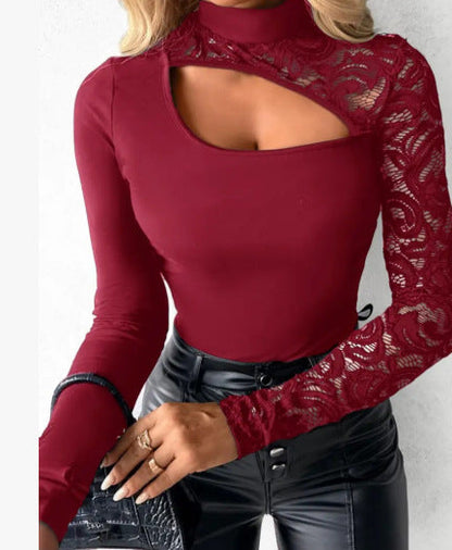 Women's Asymmetrical Cutout Lace Sleeve Top – Slim Fit, Mock Neck & Romantic Keyhole Back Detail 👗🖤