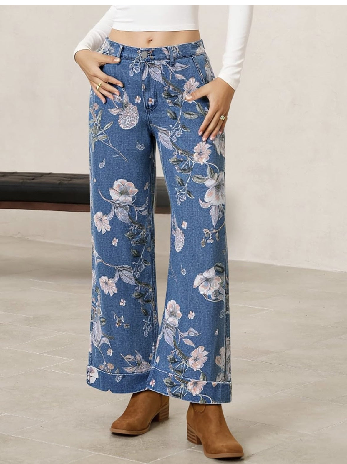 🌿MEGA-DEAL 51% RABATT! 👖 Damen Cropped Jeans – Schicker Blumendruck & Lässige Weite Passform ☀️✨