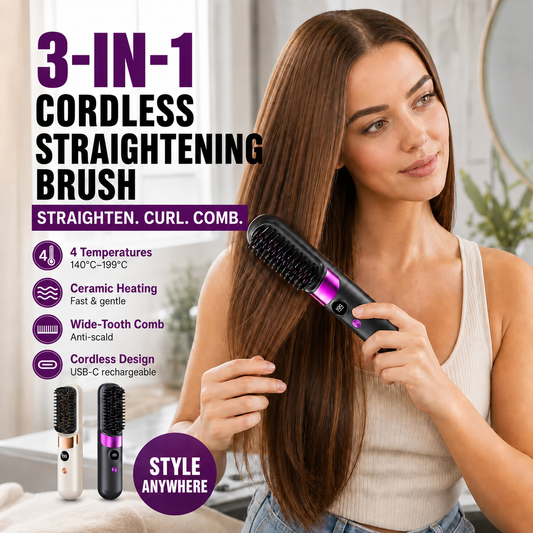 💇‍♀️🔥 3-in-1 Cordless Hair Straightening Brush – Straighten, Curl & Detangle – USB-C Rechargeable with 4 Heat Settings – Perfect Hair Anywhere! ✨