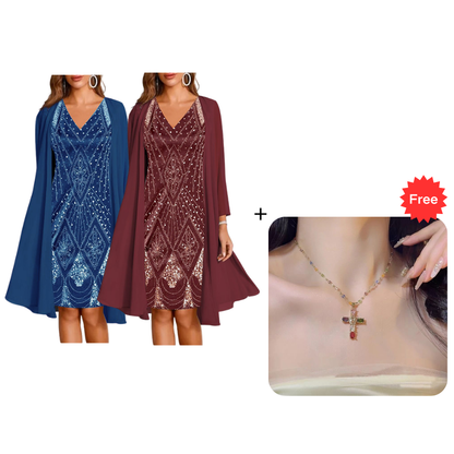 🔥Zeitlich begrenztes Angebot – Damen-Set aus Langarmkleid mit Muster und Strickjacke, 2-teilig✨