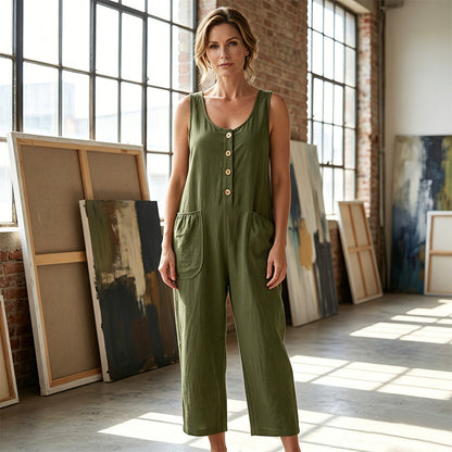 🌿Damen Ärmelloser Jumpsuit mit weitem Bein und Taschen – Schick, bequem & mühelos