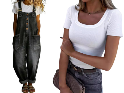 👖Lässige Baggy Jeans-Latzhose für Damen mit Taschen – Entspannter Stil, ganztägiger Komfort✨