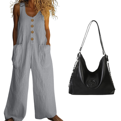 🌿Damen Ärmelloser Jumpsuit mit weitem Bein und Taschen – Schick, bequem & mühelos